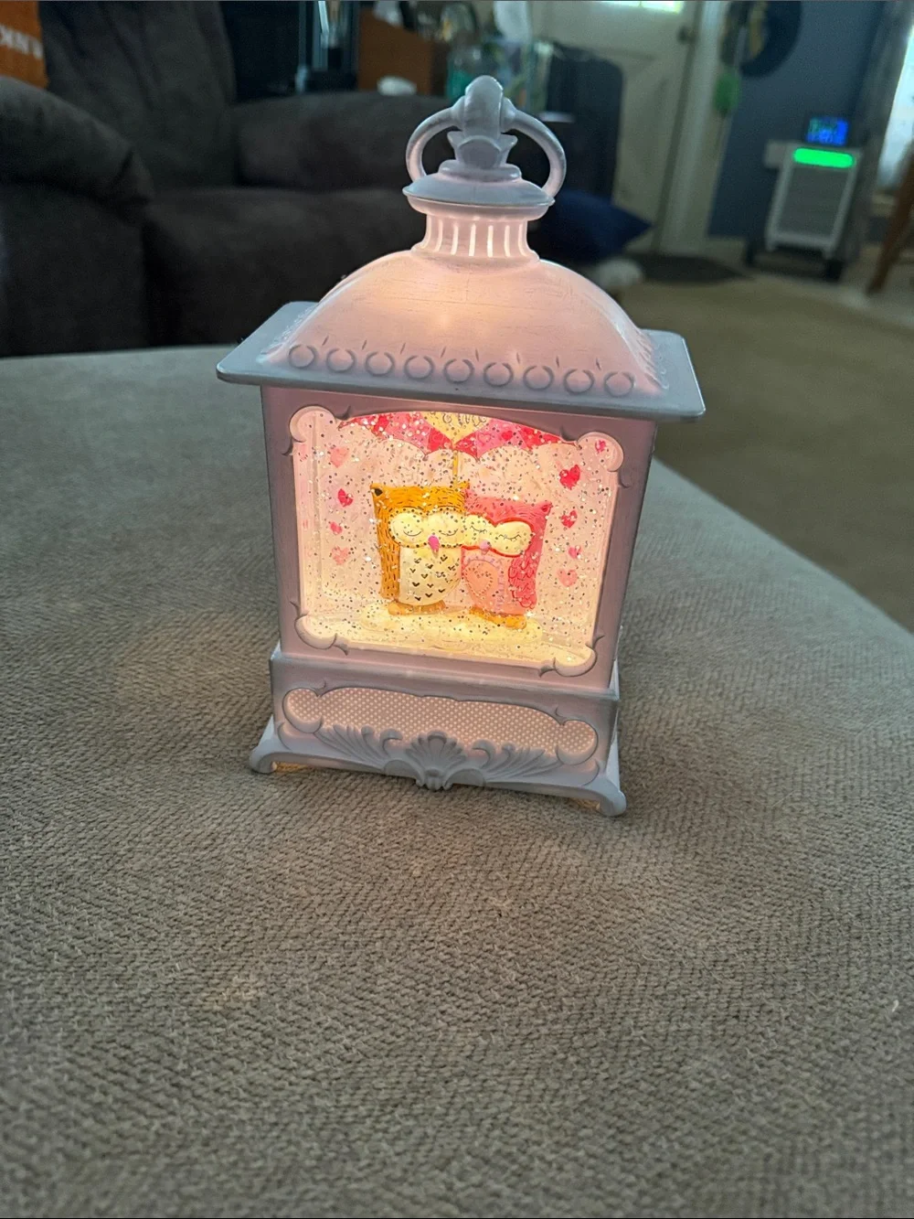 Cracker Barrel White Glitter Lantern with Pink and Gold Scene
